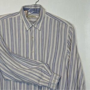 Tommy Bahama‎ Cream and Blue Striped Dress Shirt Long Sleeved Size XL Silk blend